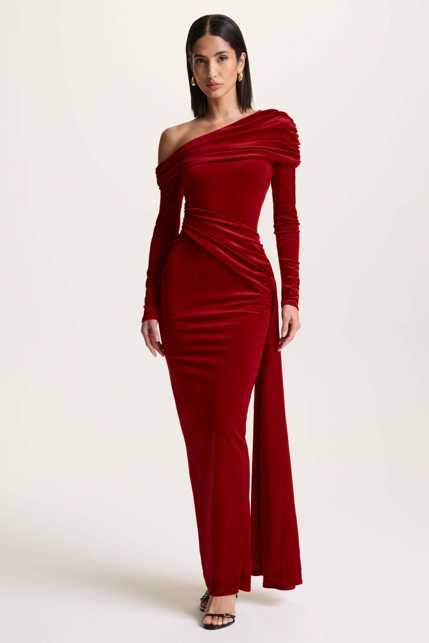 Red Velvet Asymmetric-Neck Maxi Dress With Sash-Detail