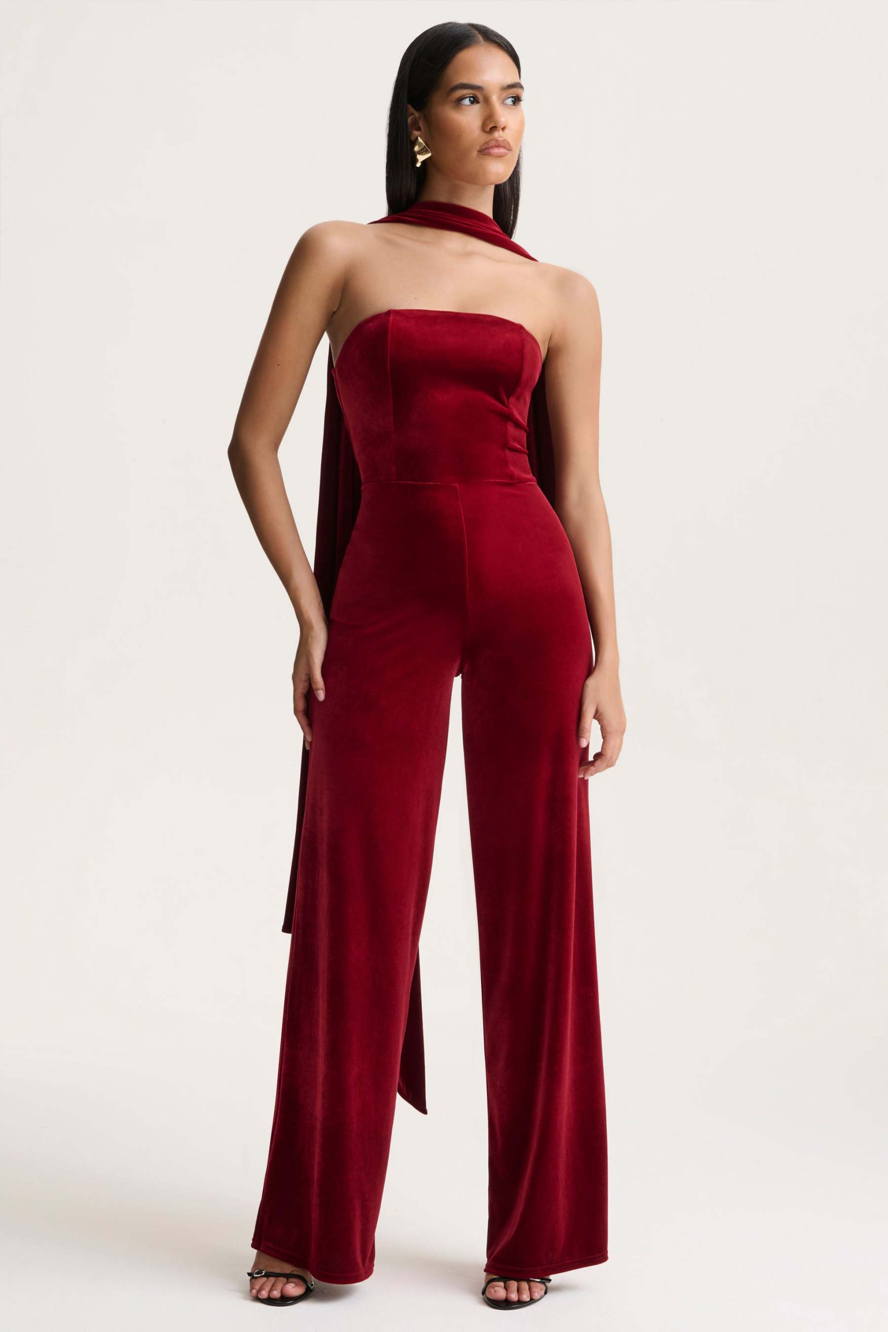 Burgundy Velvet Bandeau Jumpsuit With Scarf