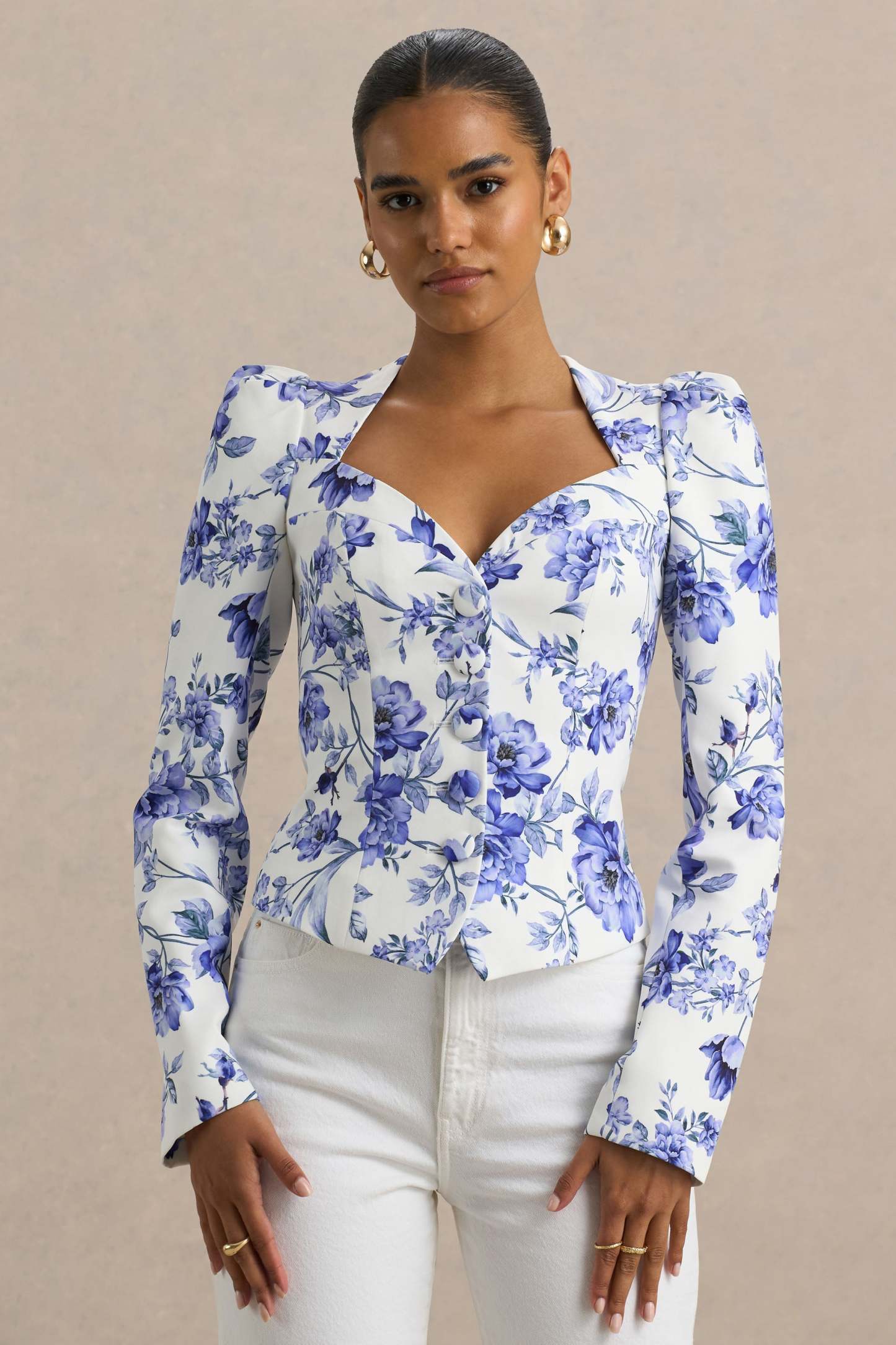 Blue Floral Print Sweetheart-Neck Tailored Top