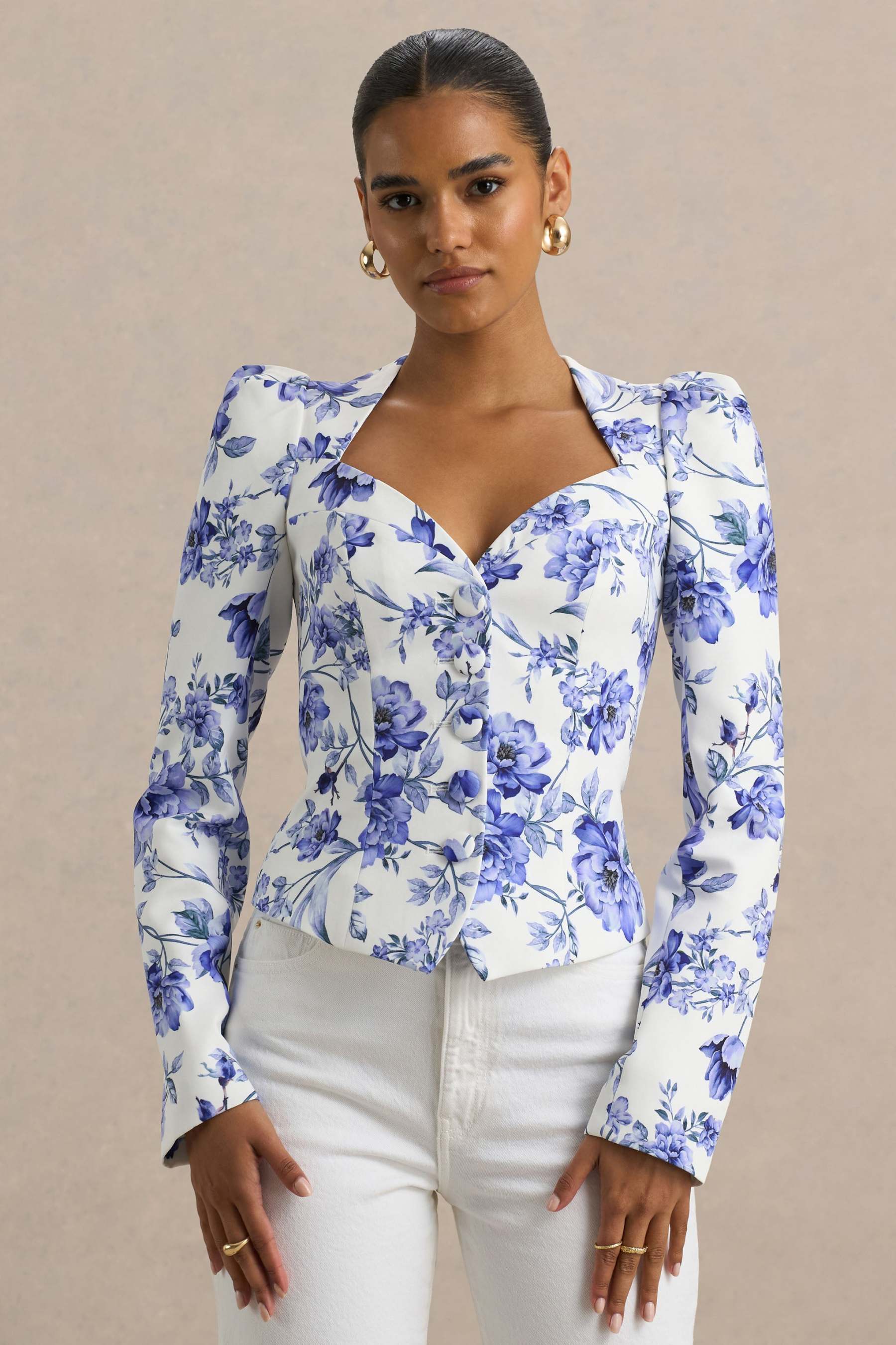 Blue Floral Print Sweetheart-Neck Tailored Top