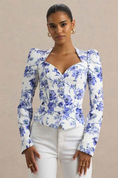 Blue Floral Print Sweetheart-Neck Tailored Top
