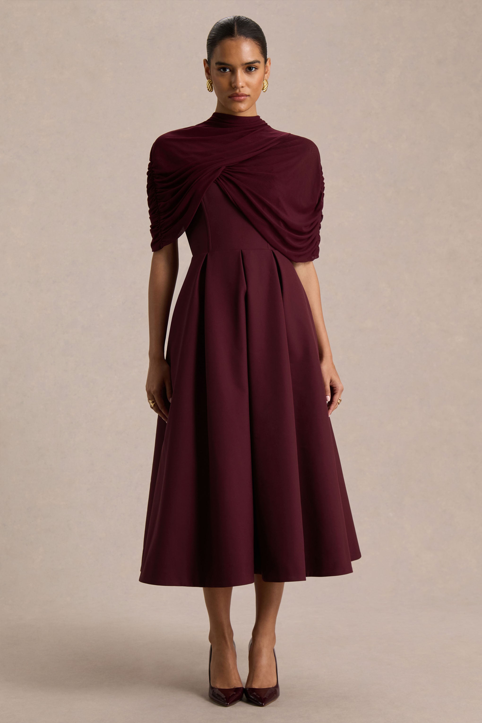 Burgundy High-Neck Midi Dress