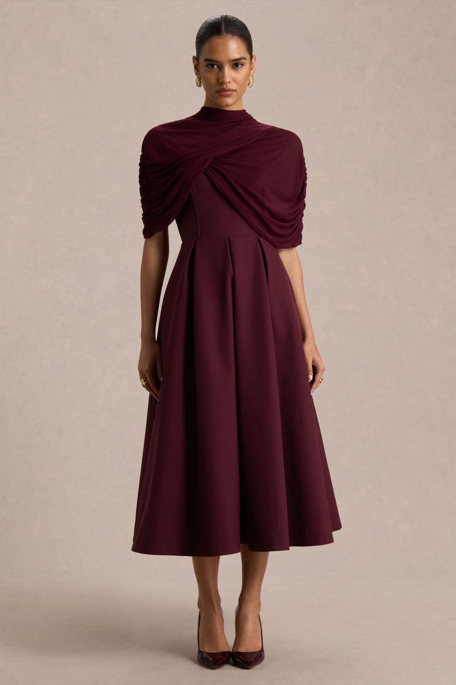 Burgundy High-Neck Midi Dress