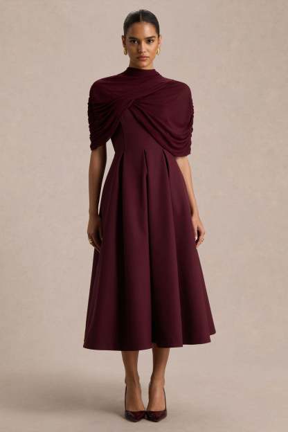 Burgundy High-Neck Midi Dress