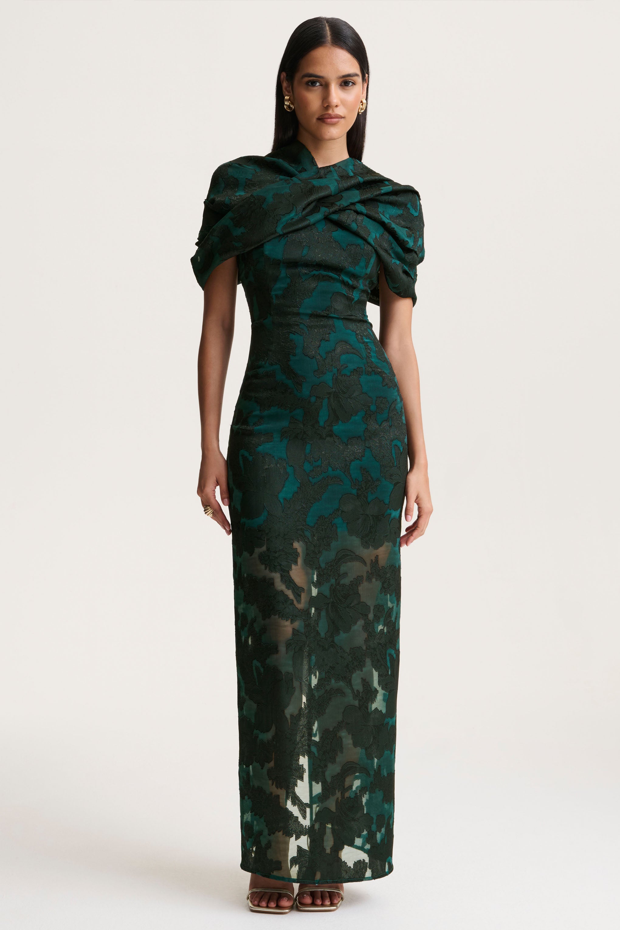 Dark Green Satin Devore Square-Neck Maxi Dress With Removable Twisted-Cape