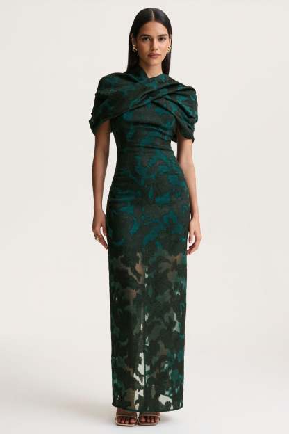Dark Green Satin Devore Square-Neck Maxi Dress With Removable Twisted-Cape
