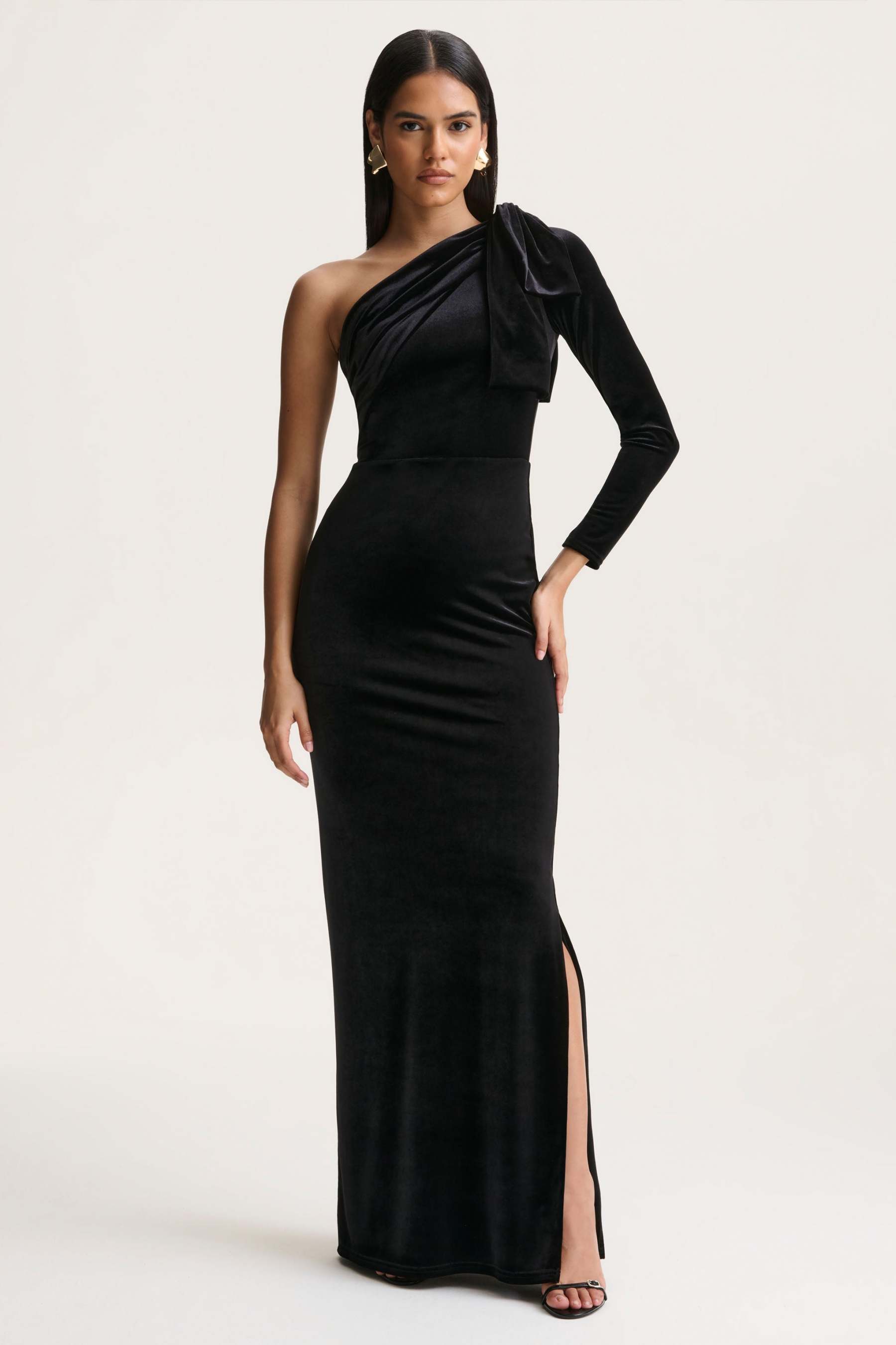 Farryn | Black Asymmetric-Neck Maxi Dress With Bow Detail