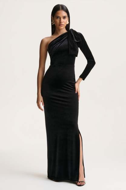 Farryn | Black Asymmetric-Neck Maxi Dress With Bow Detail