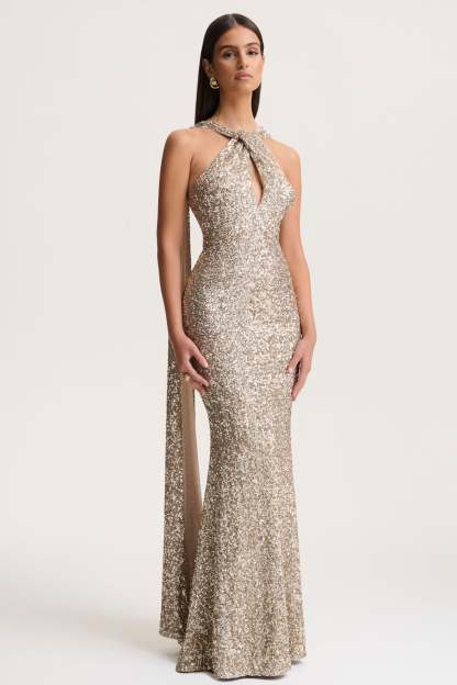 Gold Sequin Halter-Neck Maxi Dress