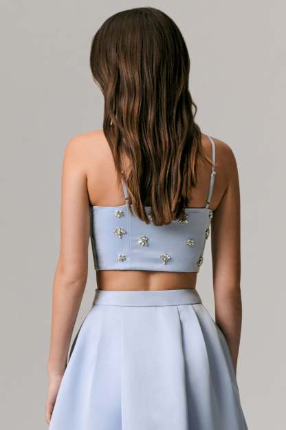 Blue Embellished Satin Crop Top