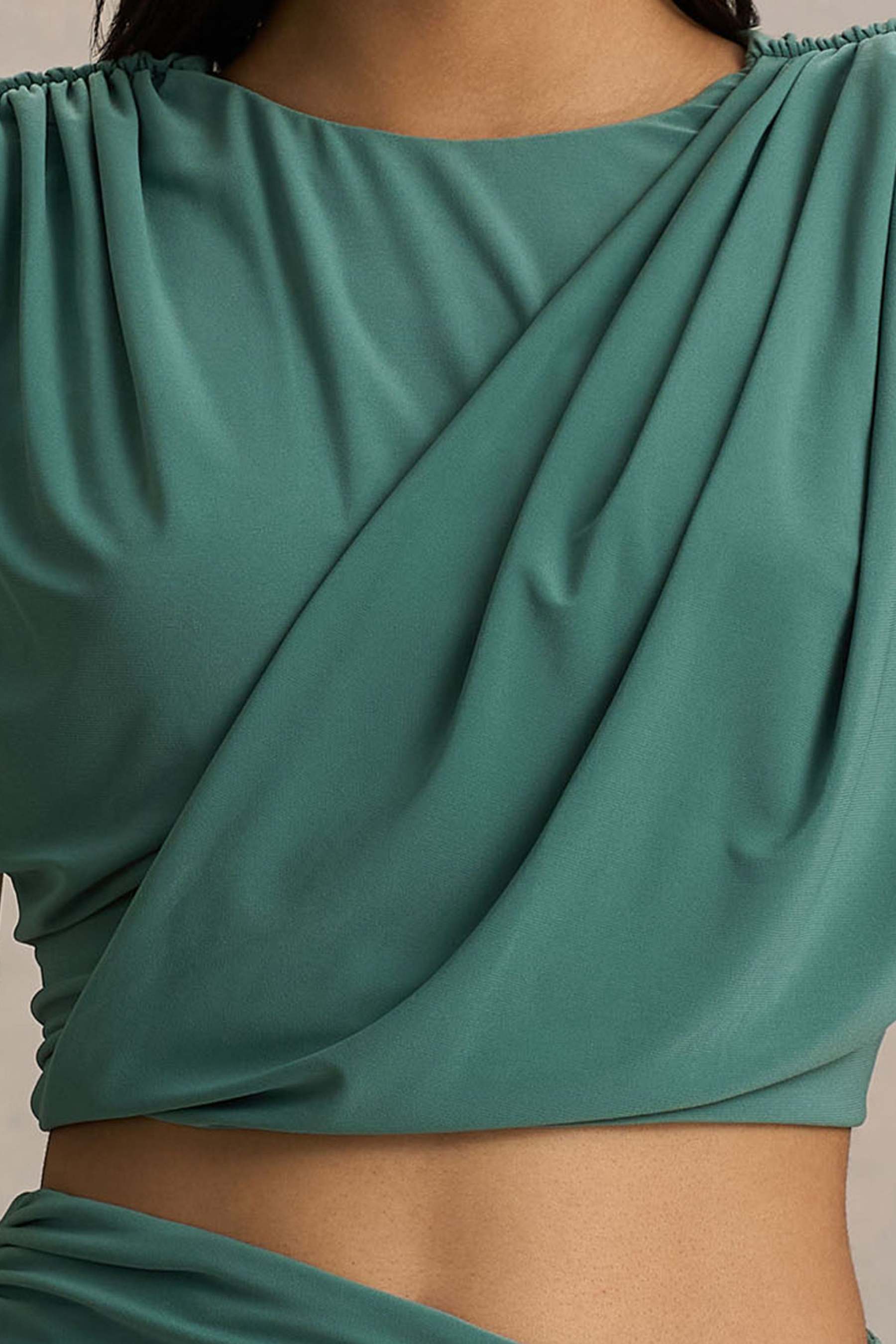 Green Crew-Neck Crop-Top With Ruched Detailing