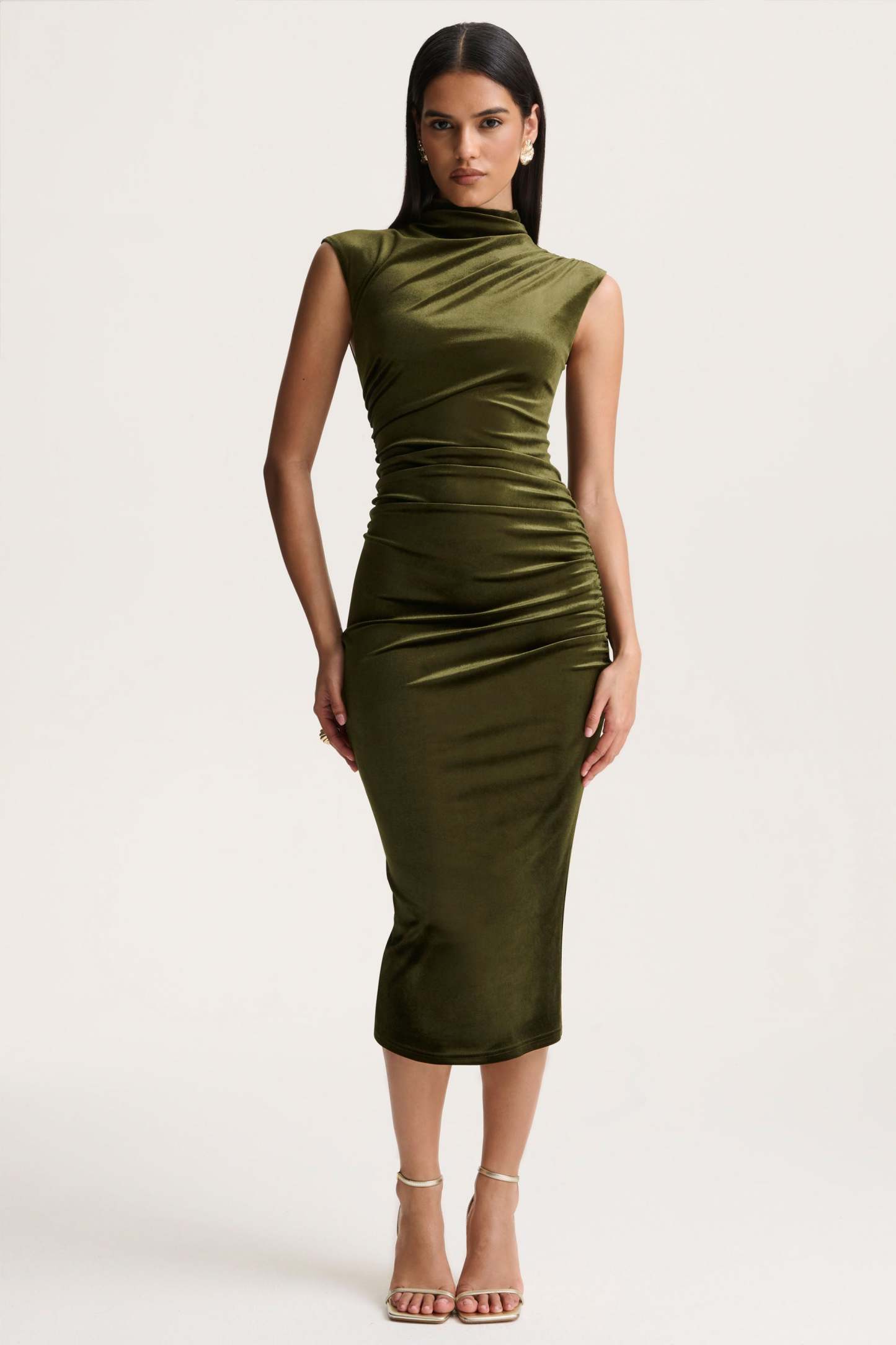 Olive Velvet High-Neck Midi Dress