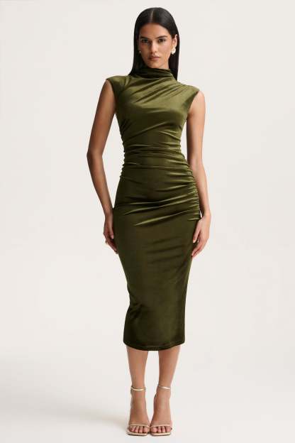 Olive Velvet High-Neck Midi Dress