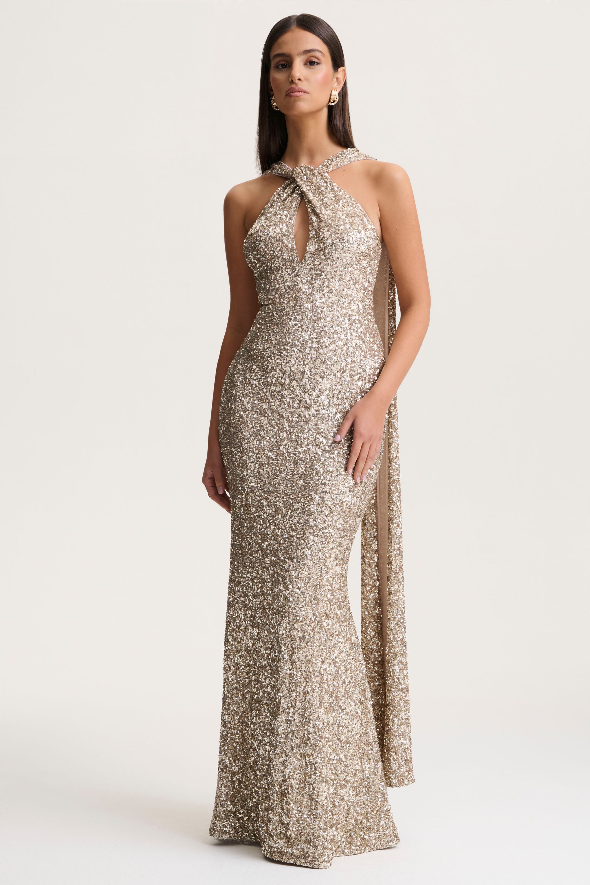 Gold Sequin Halter-Neck Maxi Dress