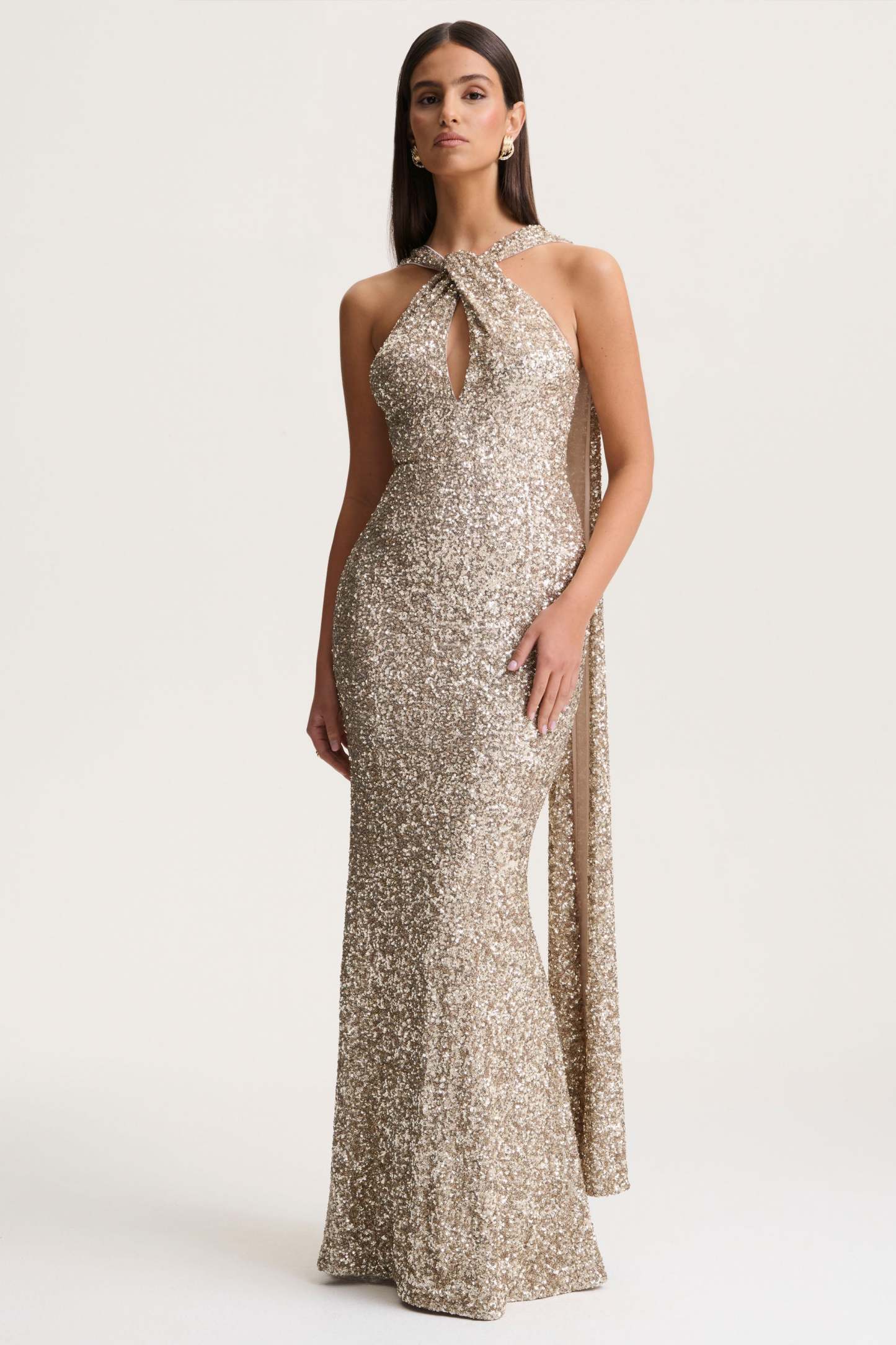 Gold Sequin Halter-Neck Maxi Dress