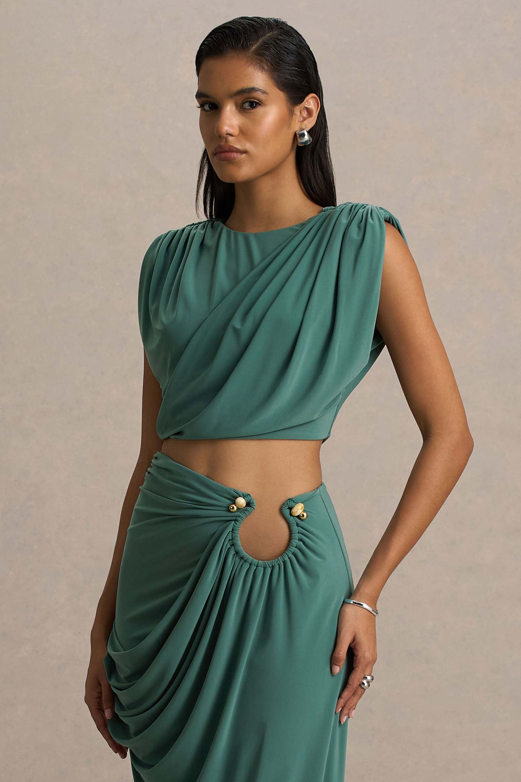 Green Crew-Neck Crop-Top With Ruched Detailing