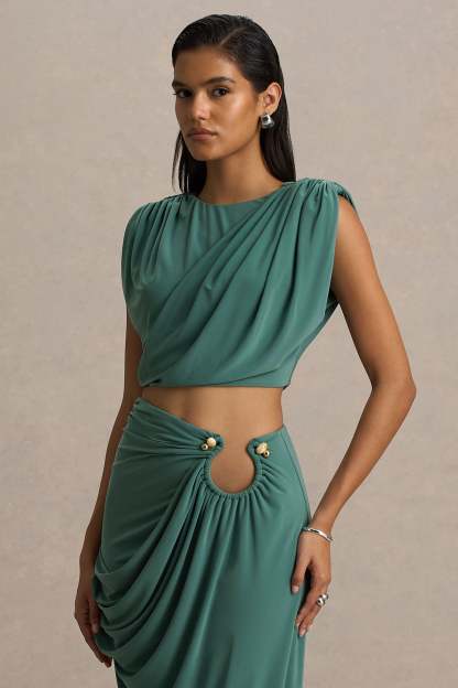 Green Crew-Neck Crop-Top With Ruched Detailing