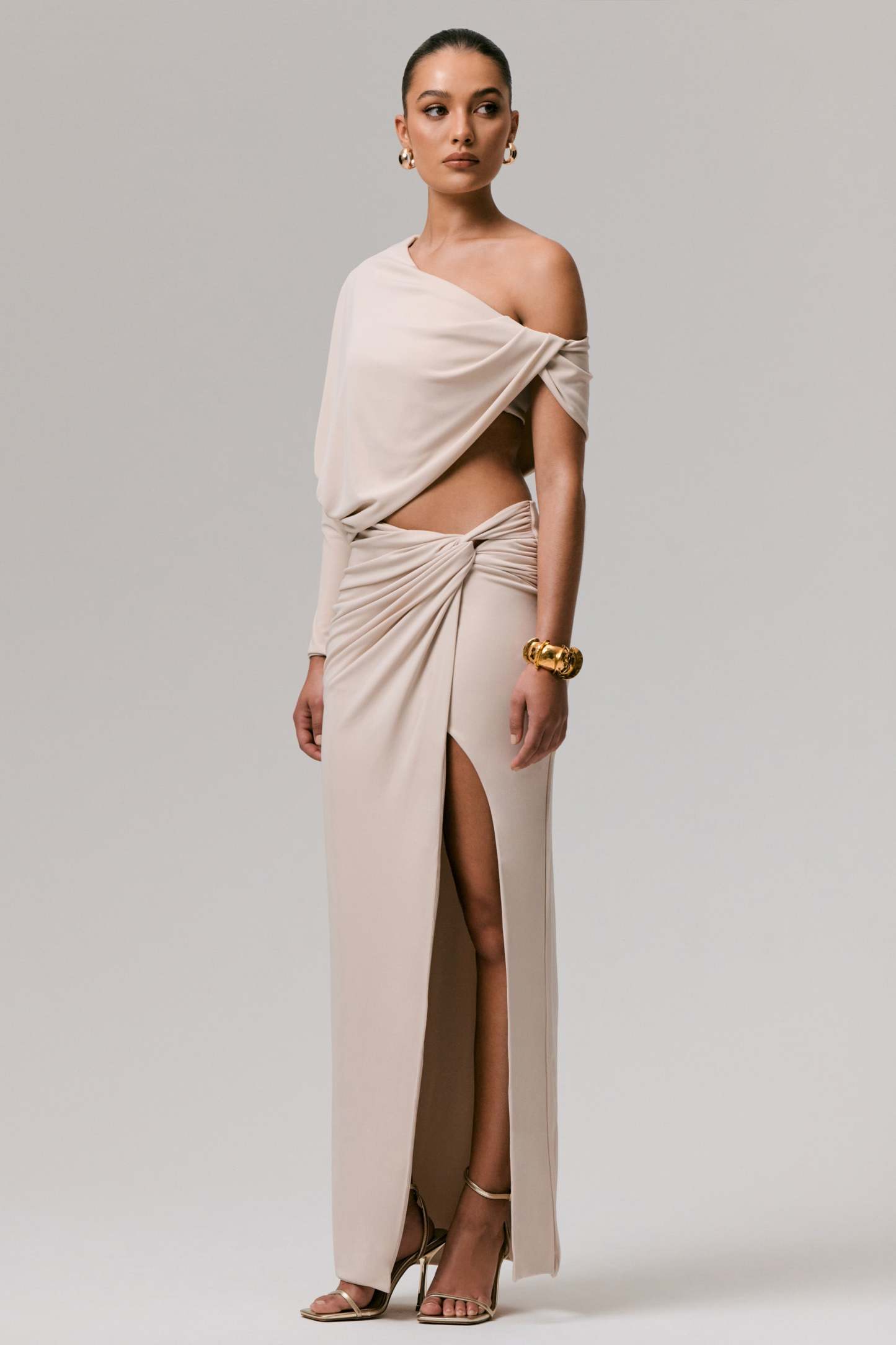 Stone Asymmetric One-Sleeve Draped Top