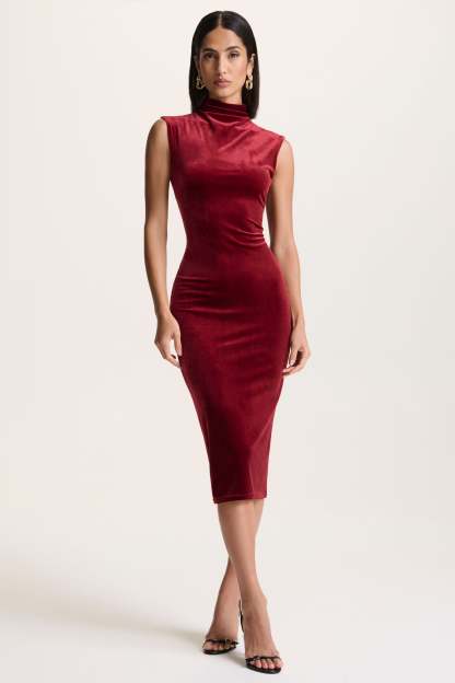 Burgundy Velvet High-Neck Midi Dress With Cap-Sleeves