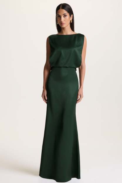 Dark Green Slashed-Neck Maxi Dress With Open-Back And Embellished Detail