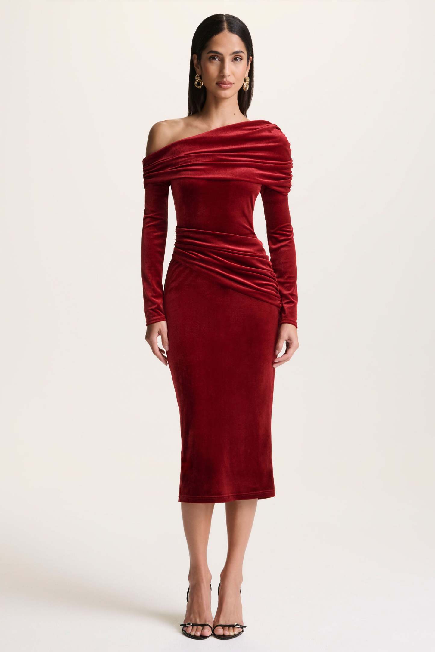 Berry Velvet Asymmetric-Neck Midi Dress