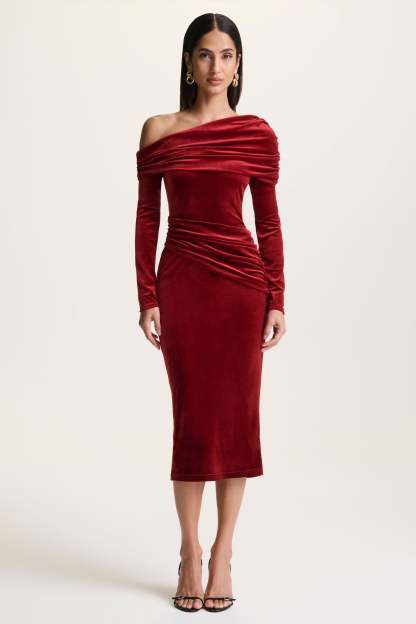 Berry Velvet Asymmetric-Neck Midi Dress