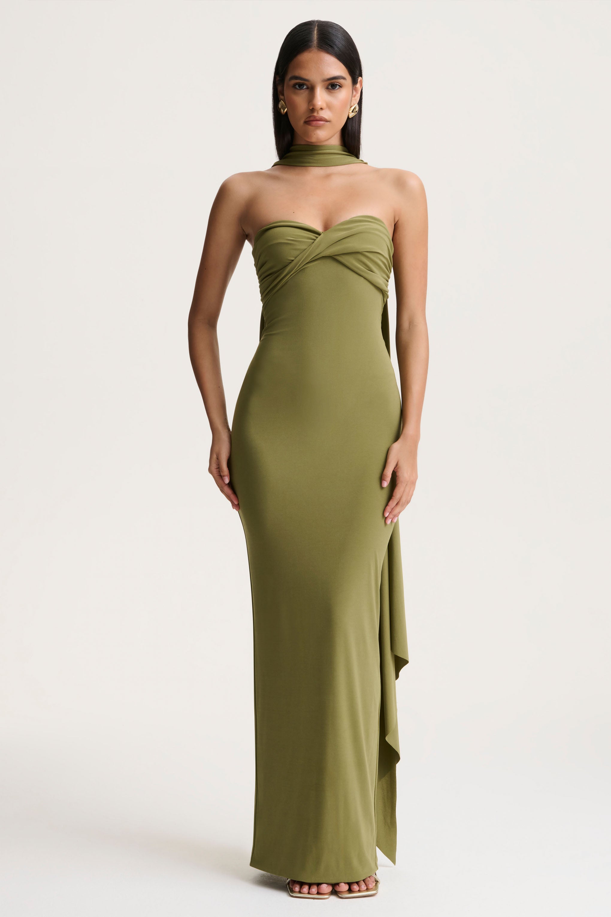 Olive Bandeau Maxi Dress With Scarf Detail