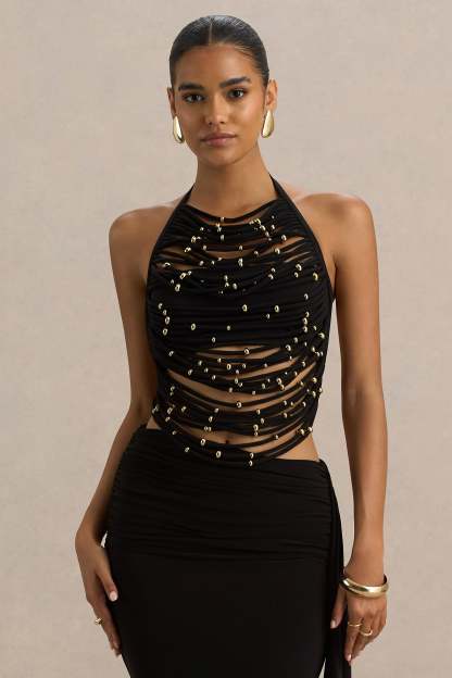Black High-Neck Embellished Top With Cut-Outs