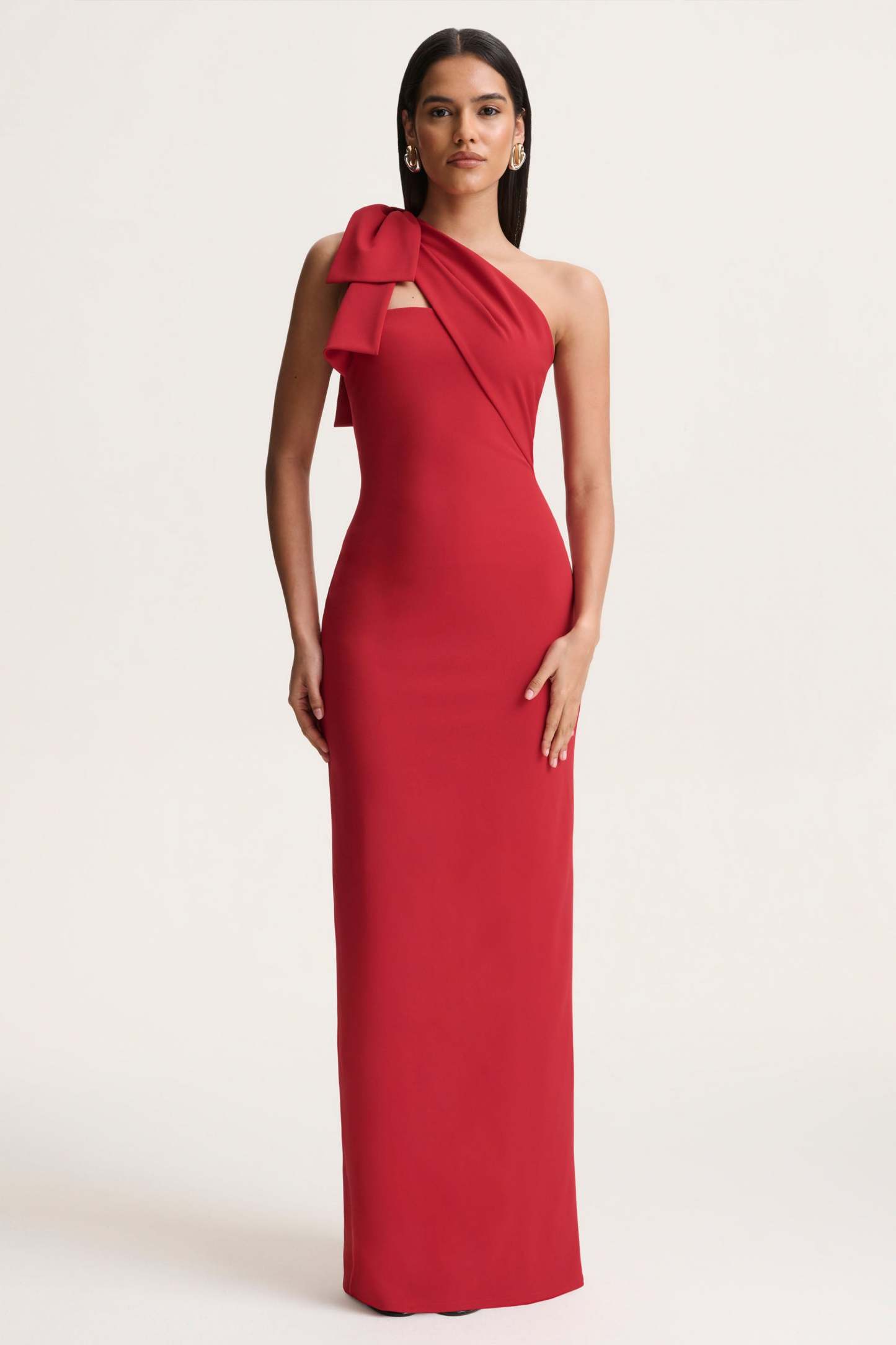 Red Asymmetric-Neck Maxi Dress With Bow-Detail