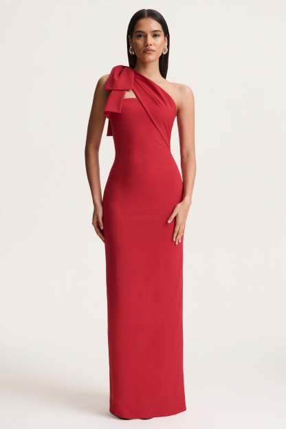 Red Asymmetric-Neck Maxi Dress With Bow-Detail