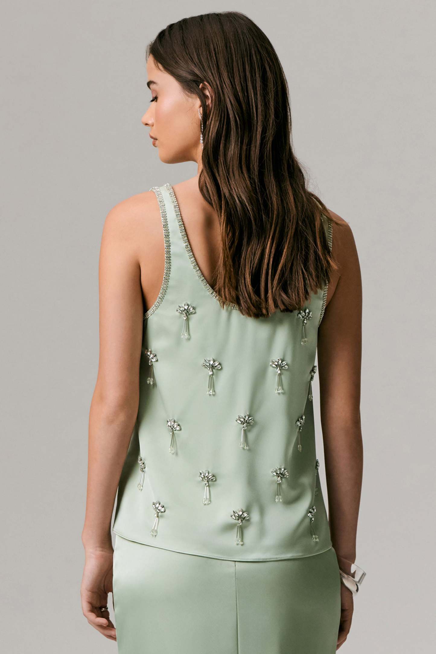 Mint Satin Scoop-Neck Embellished Top