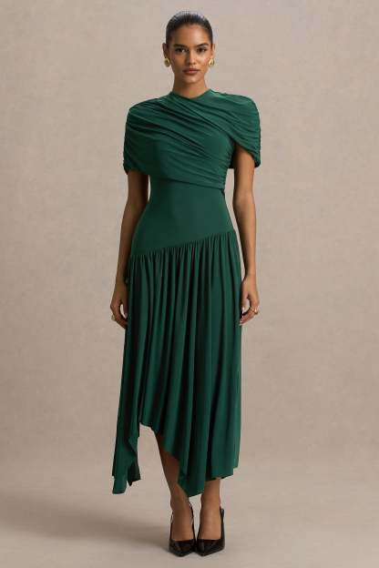 Teal Wrapped Midi Dress With Hanky Hem