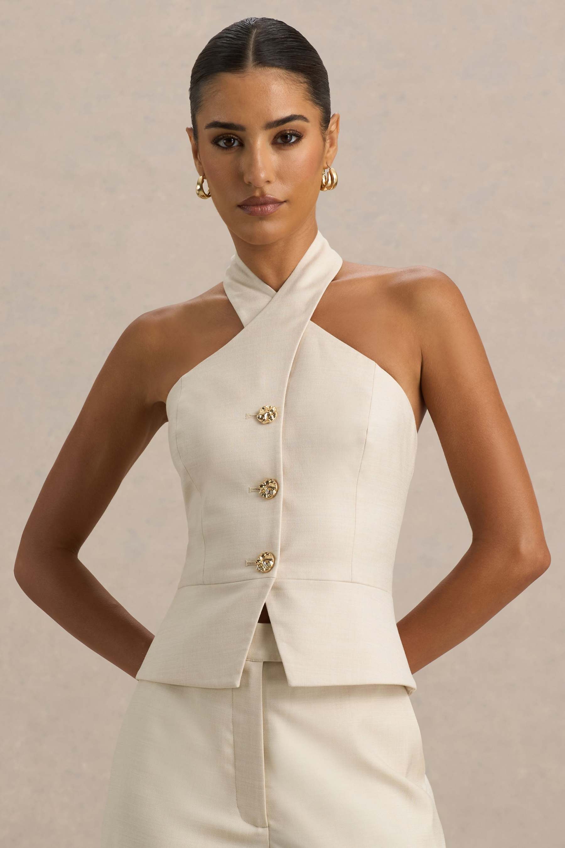 Nude Halter-Neck Tailored Top