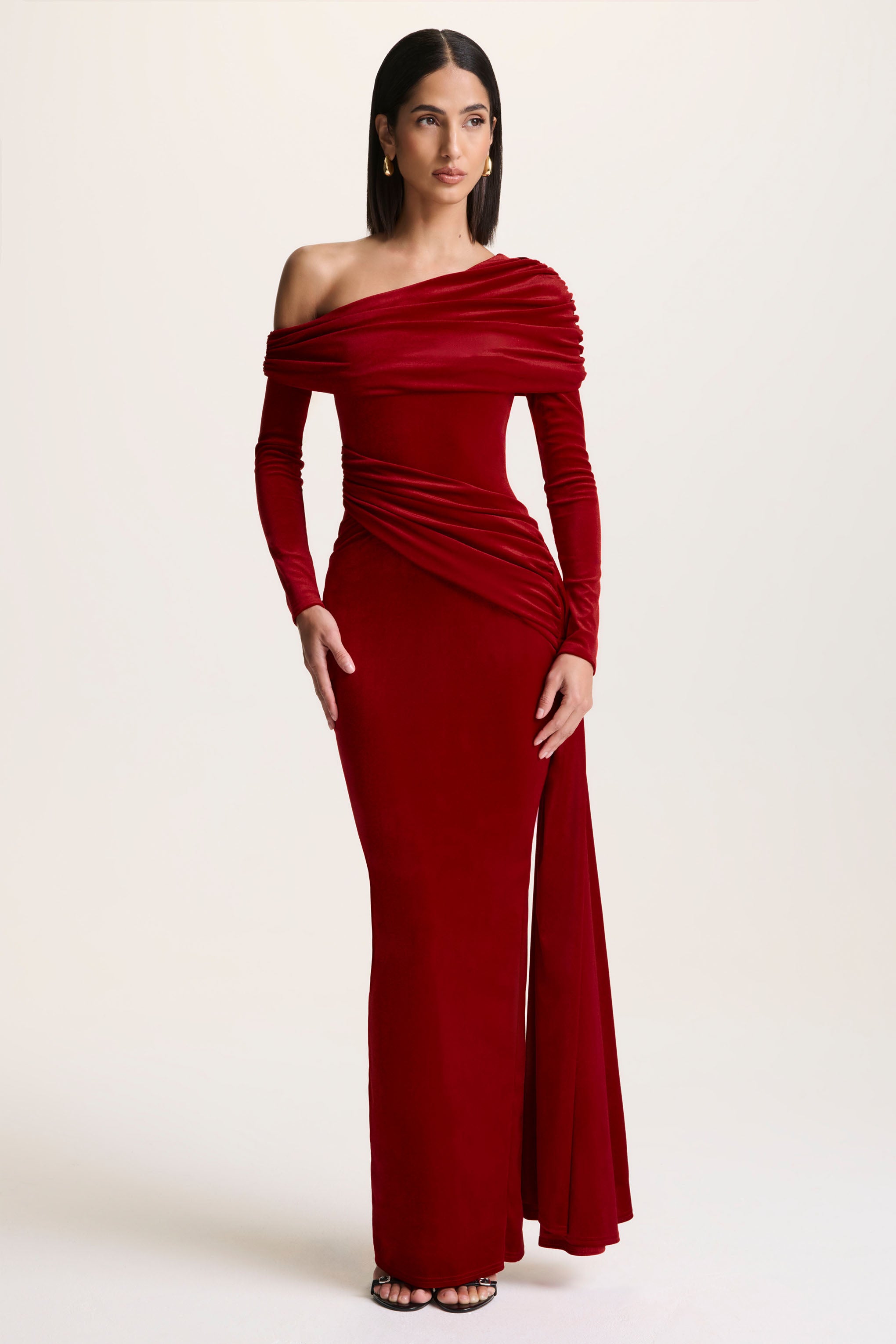 Red Velvet Asymmetric-Neck Maxi Dress With Sash-Detail
