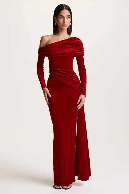 Red Velvet Asymmetric-Neck Maxi Dress With Sash-Detail