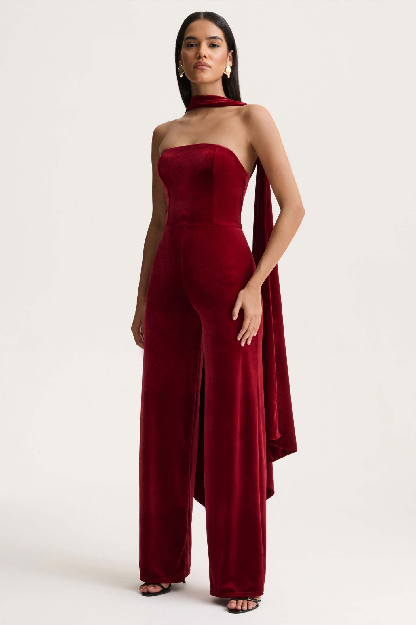 Burgundy Velvet Bandeau Jumpsuit With Scarf