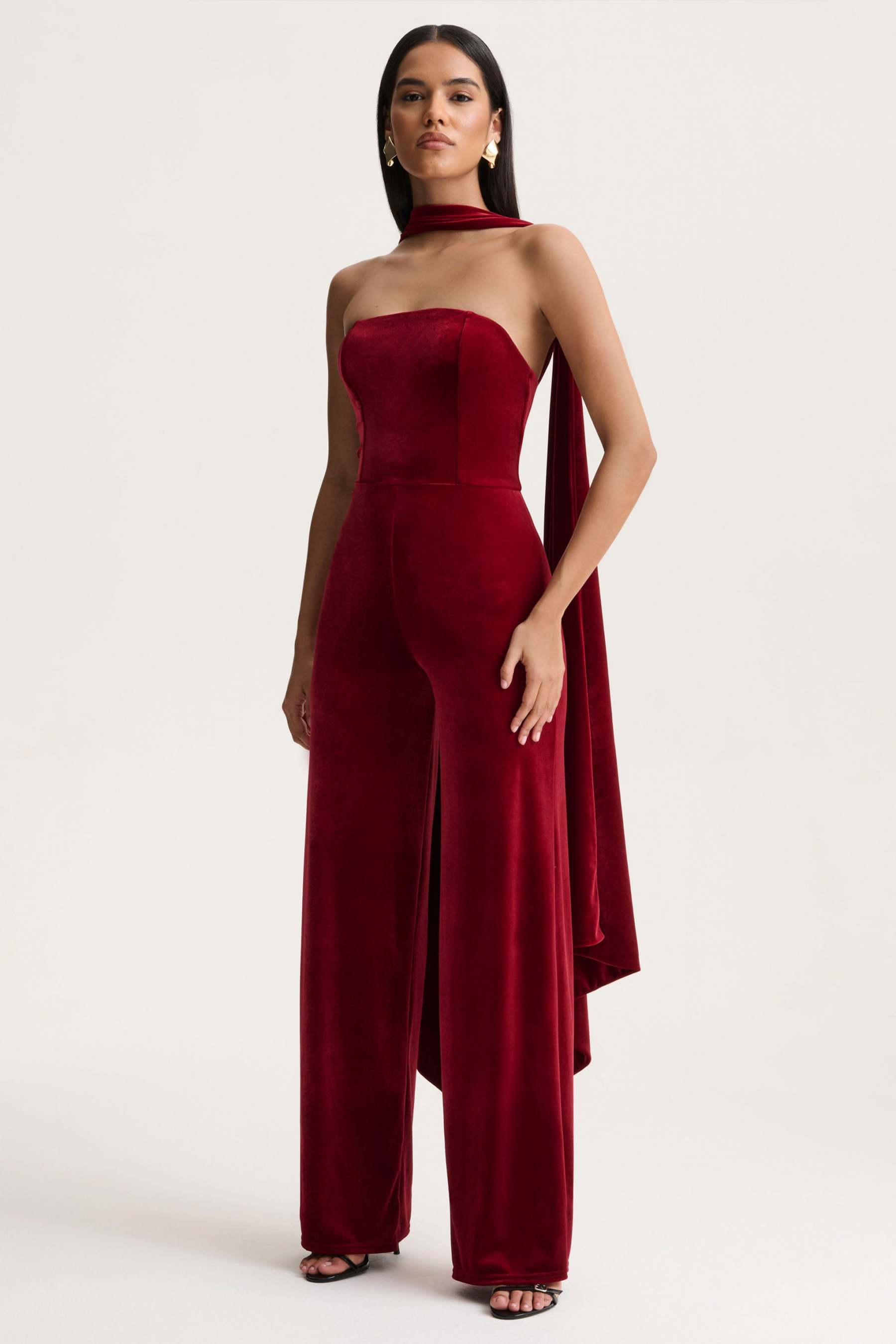 Burgundy Velvet Bandeau Jumpsuit With Scarf