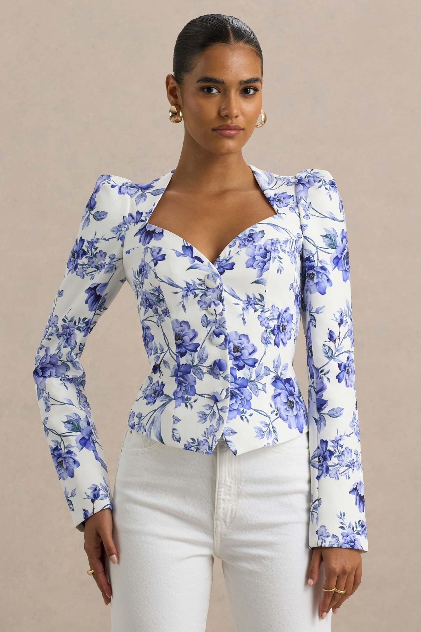 Blue Floral Print Sweetheart-Neck Tailored Top