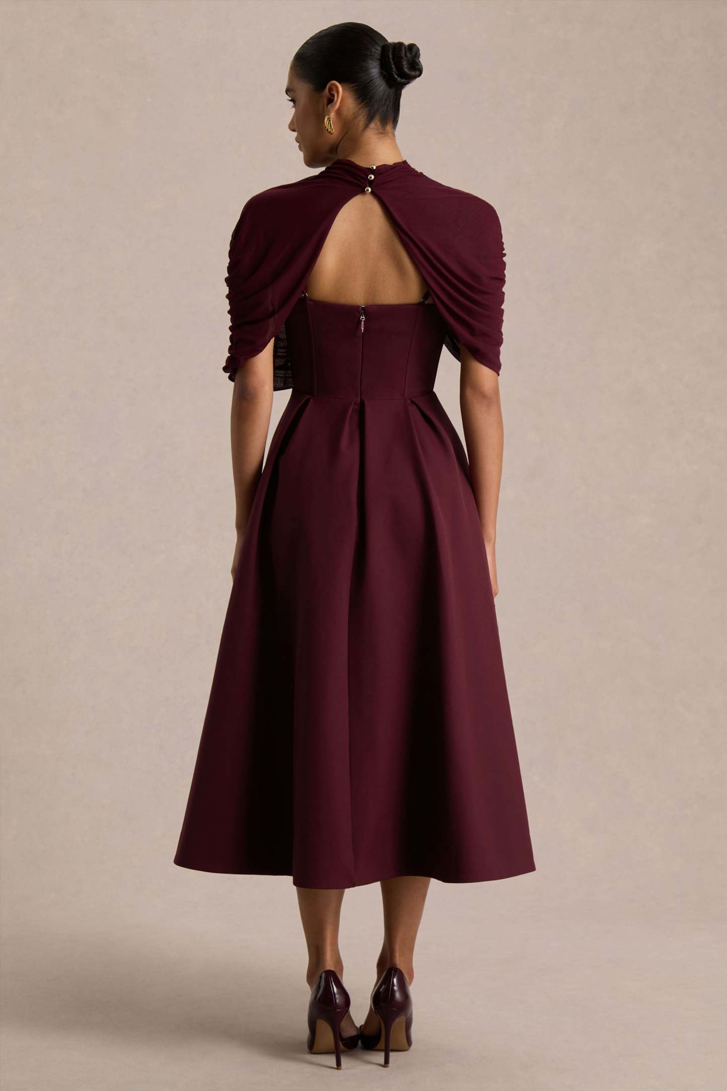 Burgundy High-Neck Midi Dress