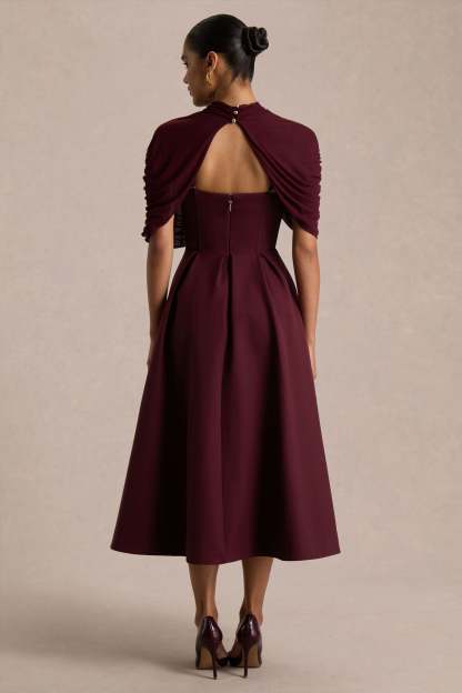 Burgundy High-Neck Midi Dress
