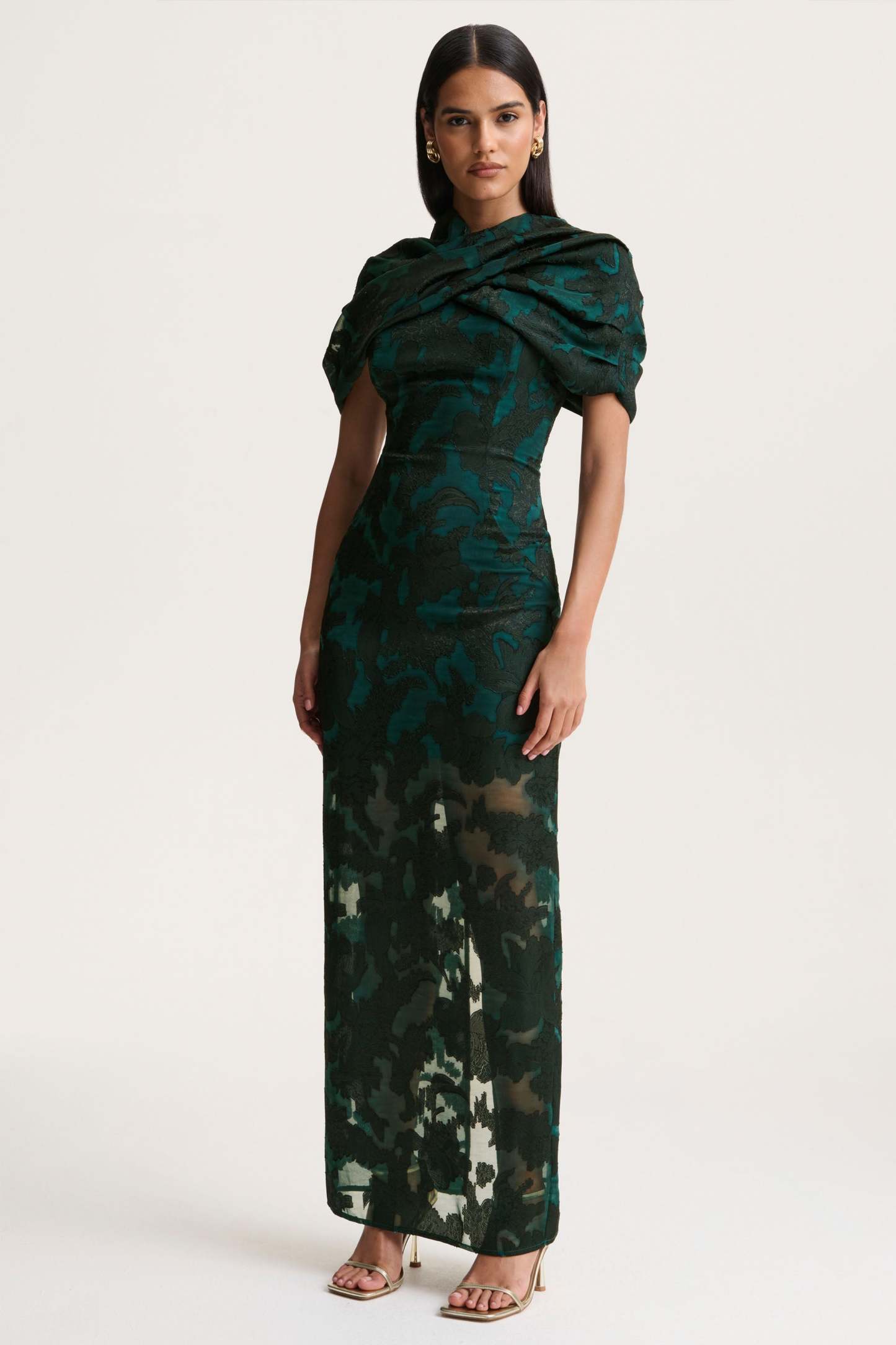 Dark Green Satin Devore Square-Neck Maxi Dress With Removable Twisted-Cape