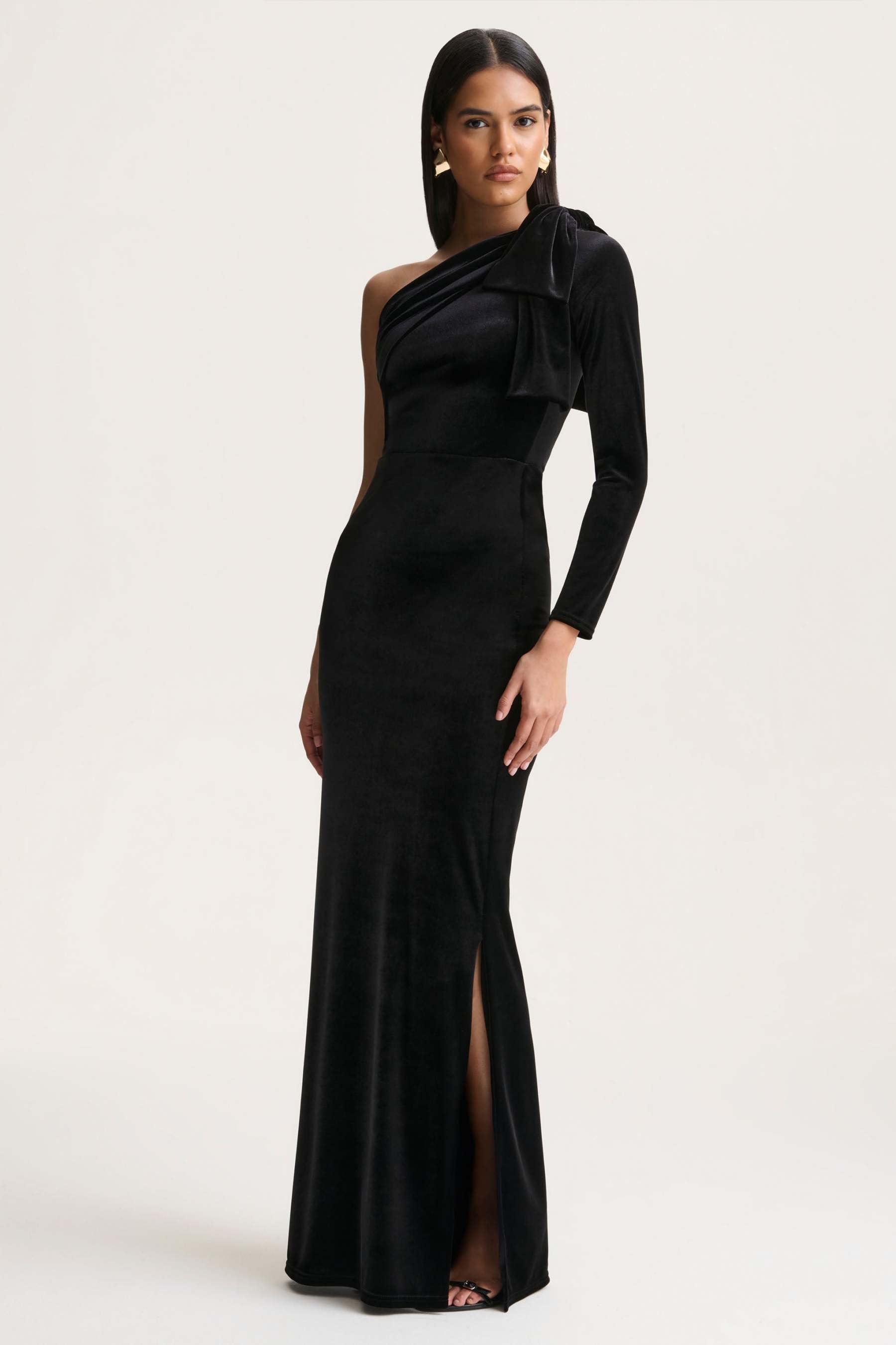 Farryn | Black Asymmetric-Neck Maxi Dress With Bow Detail