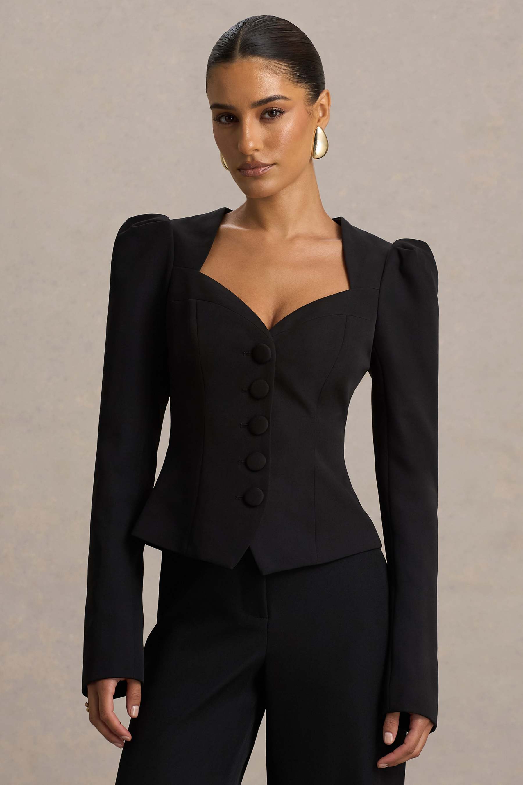 Black Sweetheart-Neck Tailored Top
