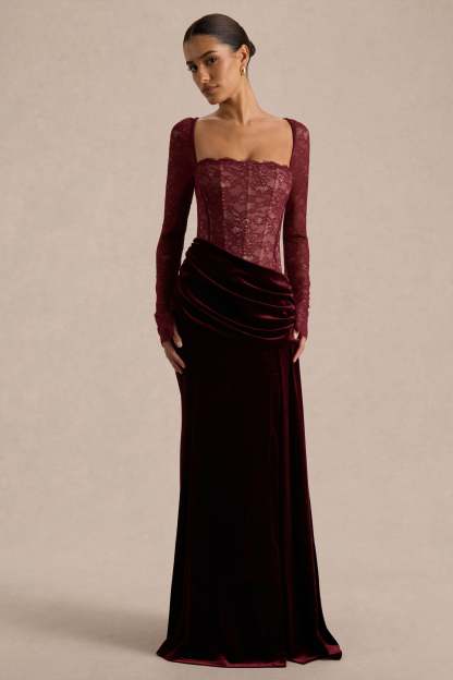 Burgundy Lace And Velvet Square-Neck Maxi Dress With Draped Skirt