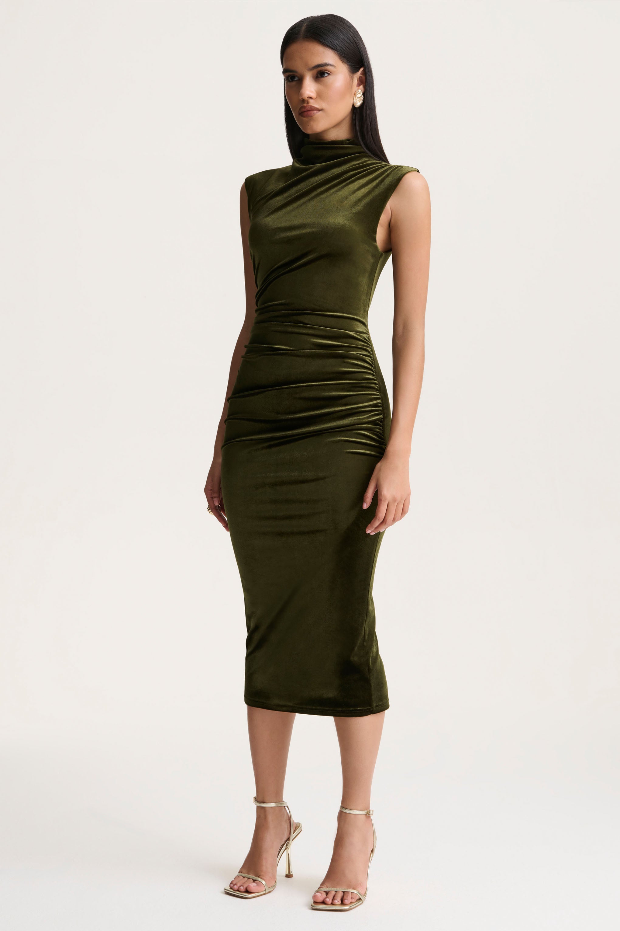 Olive Velvet High-Neck Midi Dress