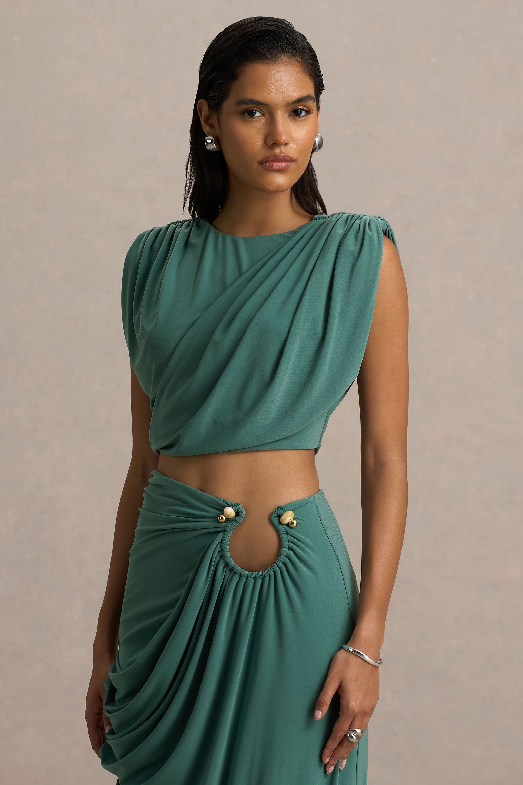 Green Crew-Neck Crop-Top With Ruched Detailing