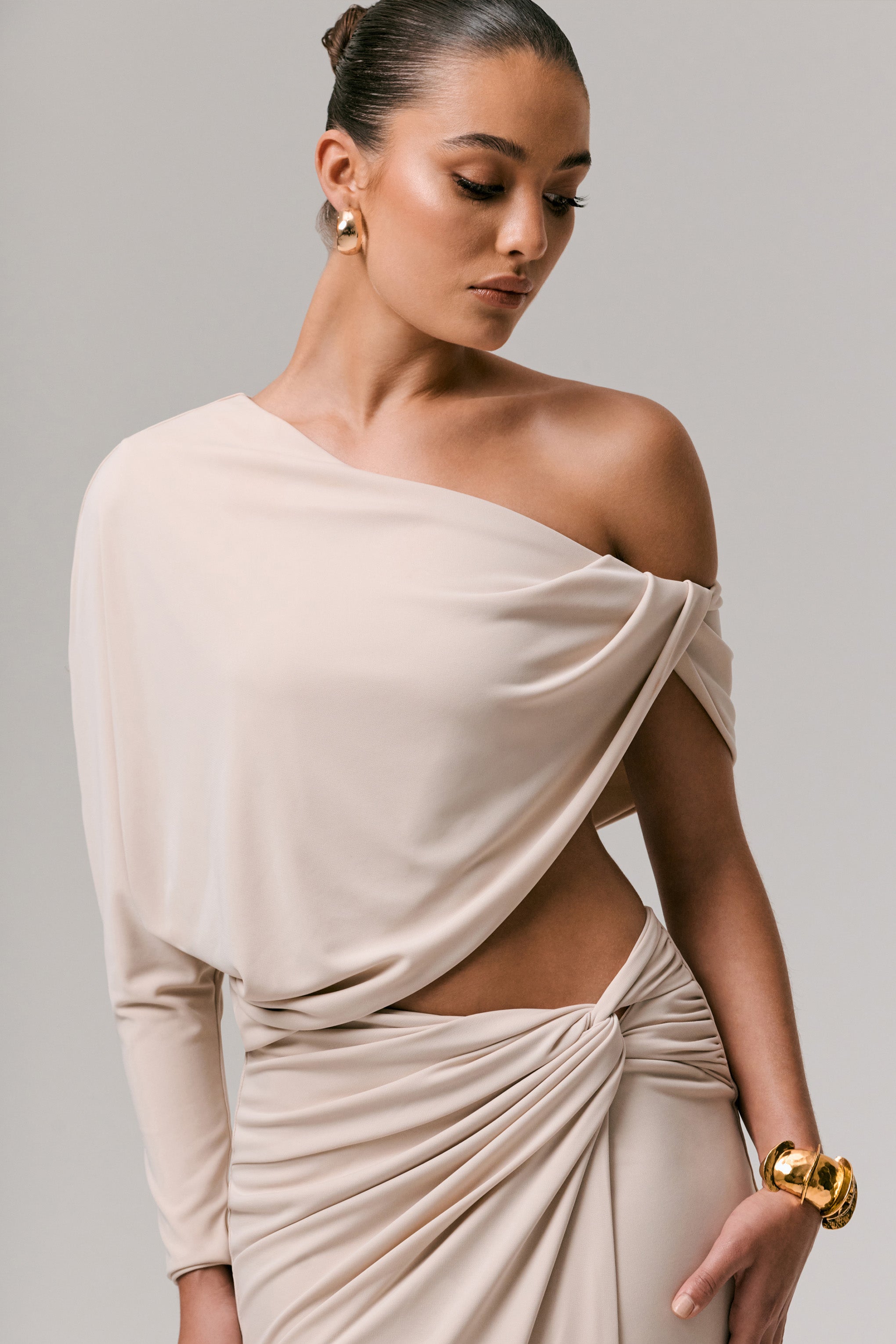 Stone Asymmetric One-Sleeve Draped Top