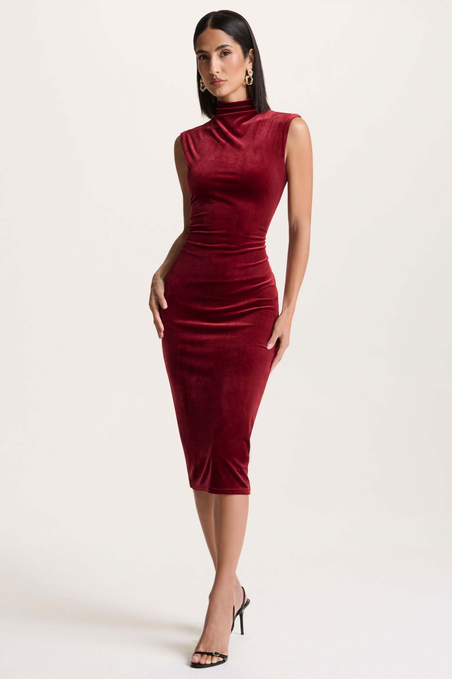 Burgundy Velvet High-Neck Midi Dress With Cap-Sleeves