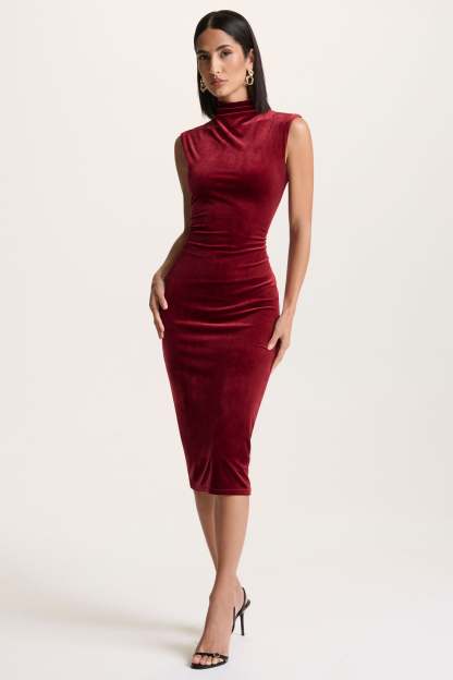 Burgundy Velvet High-Neck Midi Dress With Cap-Sleeves
