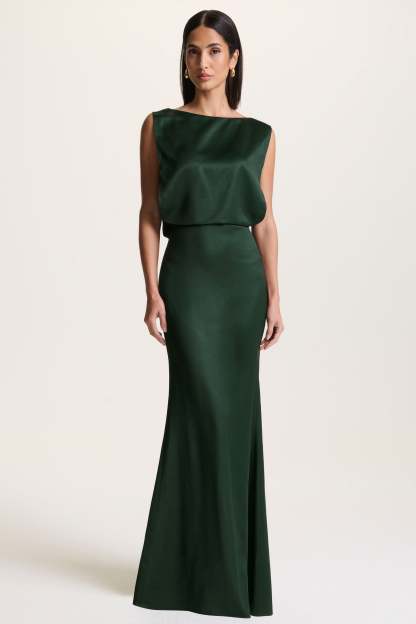 Dark Green Slashed-Neck Maxi Dress With Open-Back And Embellished Detail